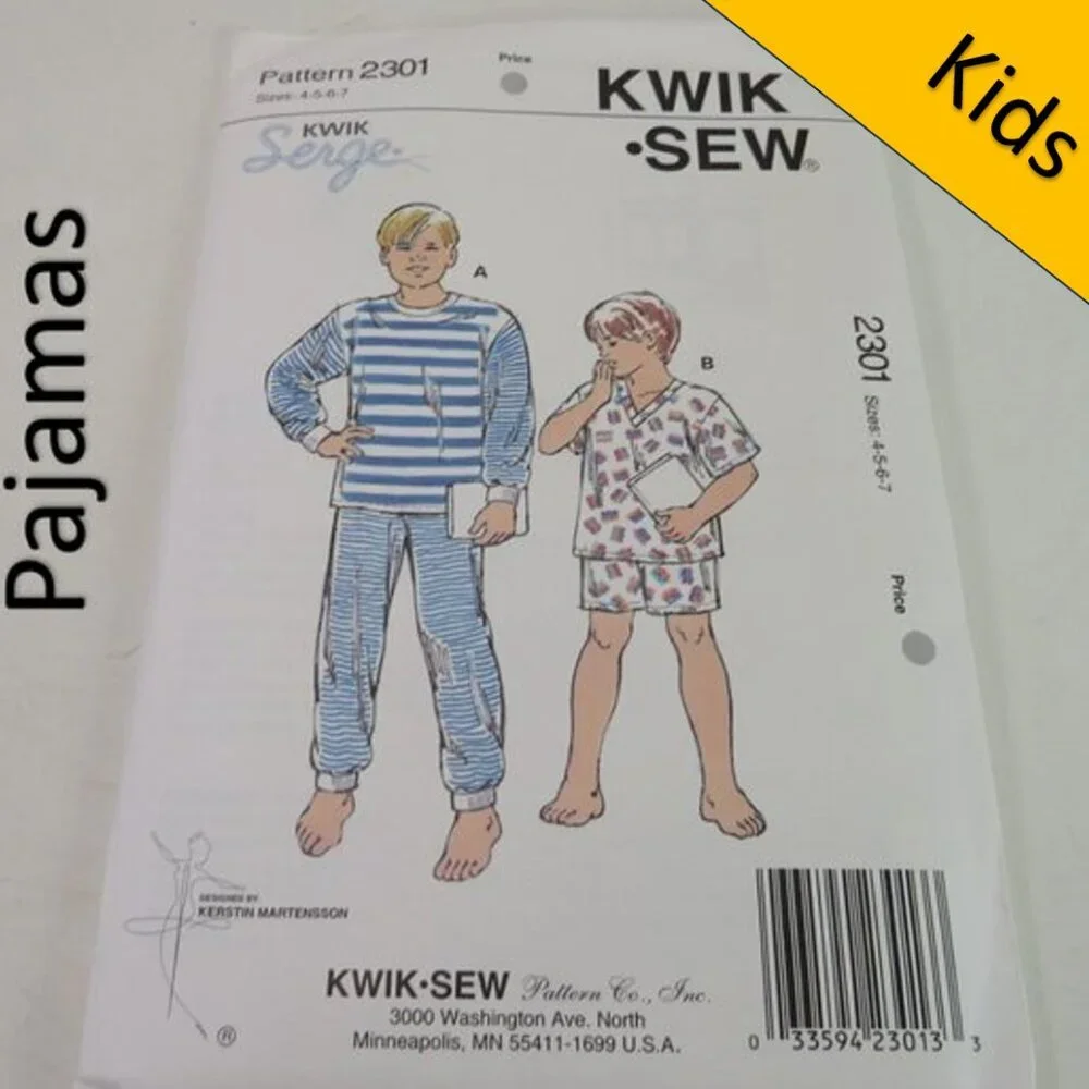 Kwik Sew 2301 sewing pattern pajamas, top, shorts, pants UNCUT size 4-7 kid